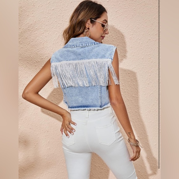 Fringe Denim Sleeveless Button Down Frayed Distressed Tassel Crop Jean Vest - Picture 4 of 7